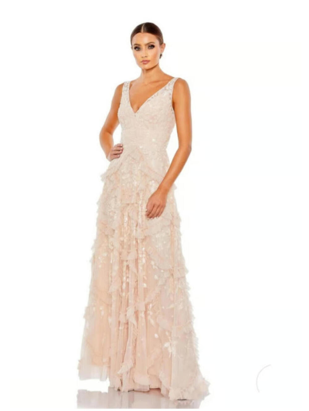 NWT Mac Duggal Sequin Scallop Ruffle Tier Neck Size 8 9162 Blush Pink